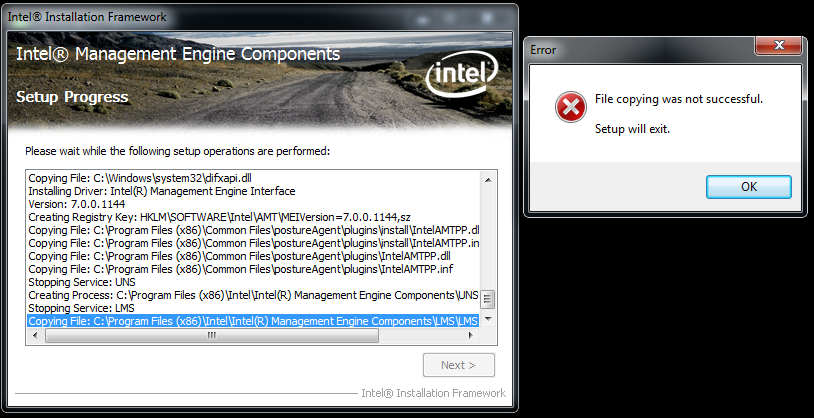 Intel management engine interface driver failed
